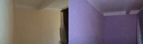 malování pokoje ve fialové barvě, nástřik gotele 